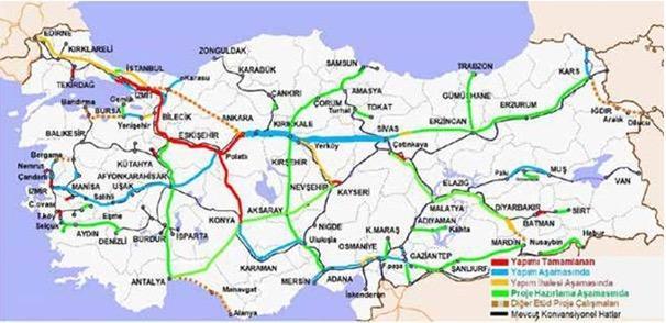 Harita 5: Türkiye Yüksek Hızlı Tren ve Hızlı Demiryolu Hatları (Tamamlanmış, Devam eden ve Proje Halinde) 